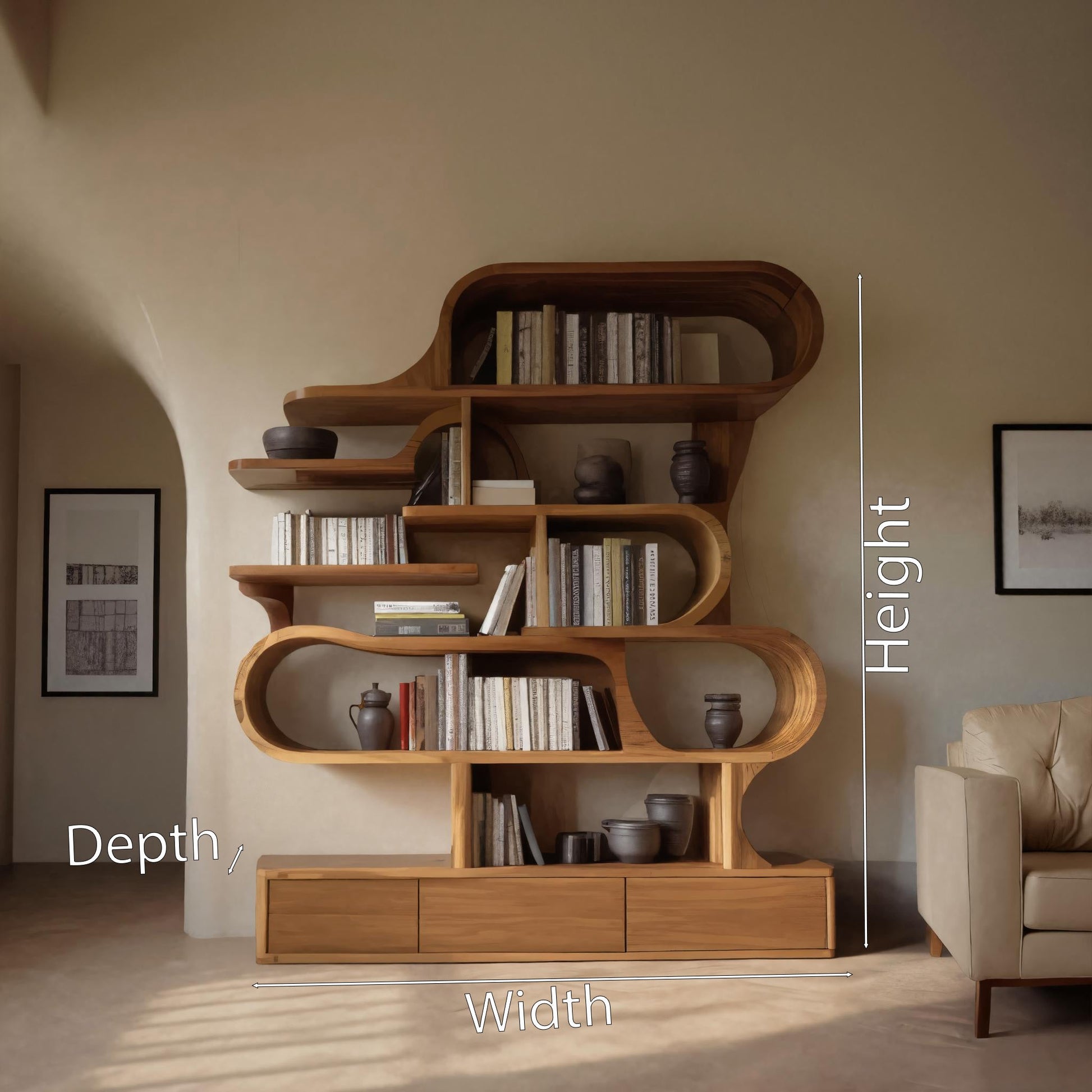 Modern Sculptural Bookshelf With Curved Design For Living Room Or Office Kitchnce