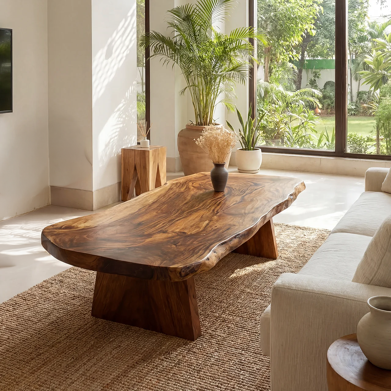 Organic Live Edge Coffee Table with Solid Block Base