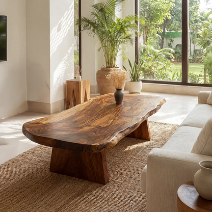 Organic Live Edge Coffee Table with Solid Block Base