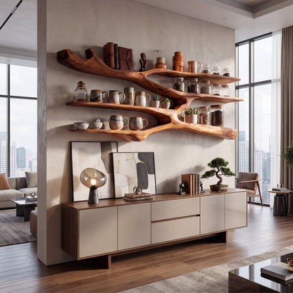 Flowing Wood Wall-Mounted Shelf With Open Display