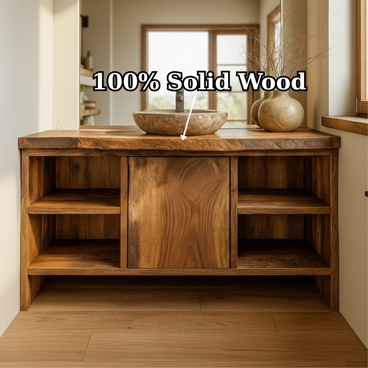 Handcrafted Solid Wood Bathroom Vanity with Central Sliding Door & Open Storage Shelves Kitchnce