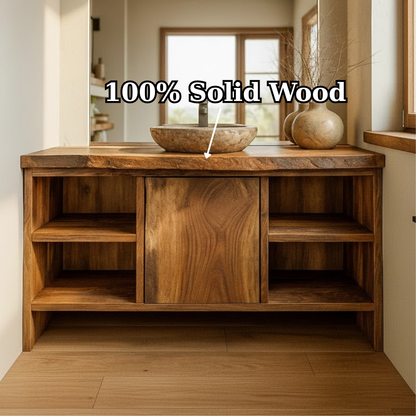 Handcrafted Solid Wood Bathroom Vanity with Central Sliding Door & Open Storage Shelves Kitchnce