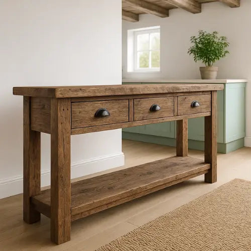Rustic Solid Wood Console Table with Black Iron Handles, Handcrafted Kitchnce