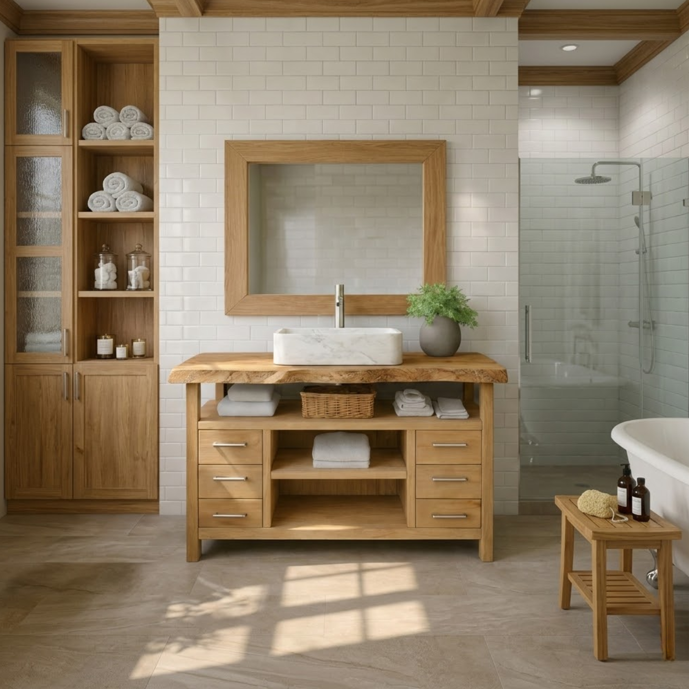Solid Wood Bathroom Vanity with Six Drawers and Open Shelves – Freestanding Natural Wood Vanity Cabinet Kitchnce