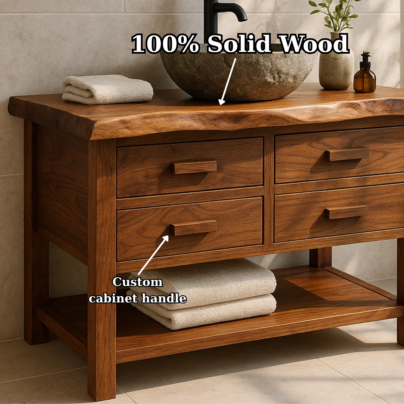 Handcrafted Solid Wood Bathroom Vanity with Live Edge Top and 4 Drawers Kitchnce