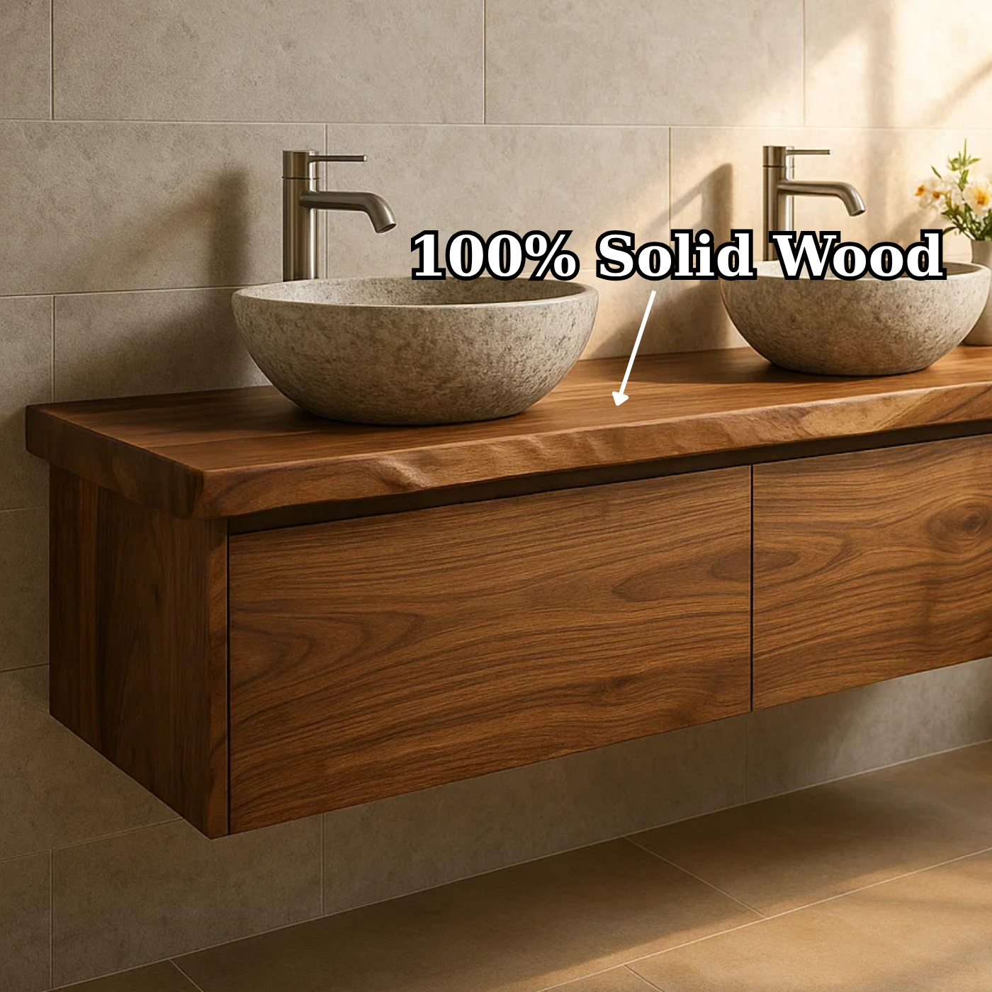 Handcrafted Solid Wood Floating Vanity - Double Sink Live Edge Walnut Console 2-Drawer Kitchnce