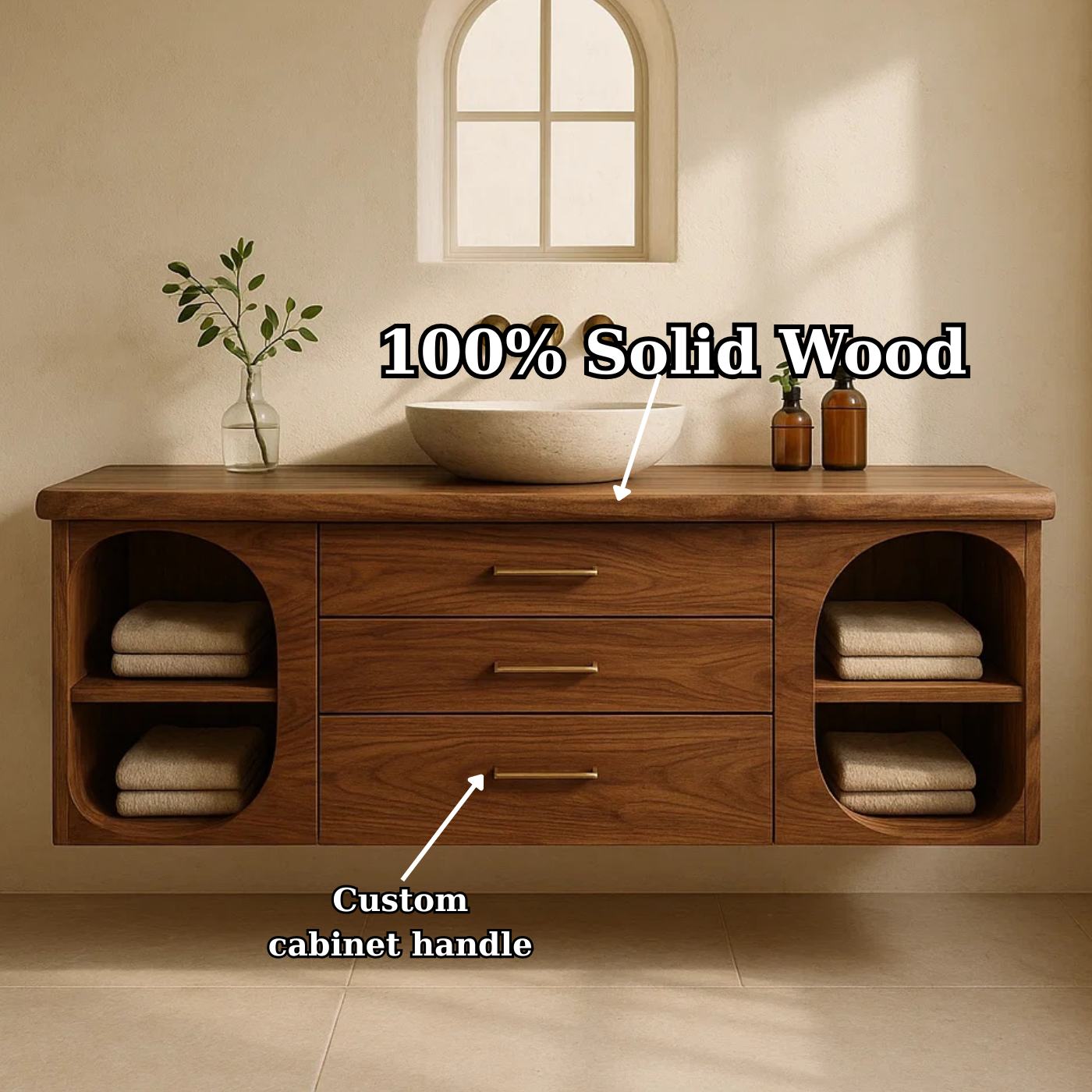 Handcrafted Solid Wood Floating Vanity - Modern Wall-Mounted Cabinet with Arches Kitchnce