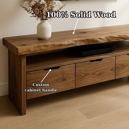 Handcrafted Solid Wood TV Stand with Live Edge Walnut Top and 3 Drawers