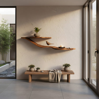 Wave-Inspired Floating Wall Shelf in Natural Wood with Dual Levels