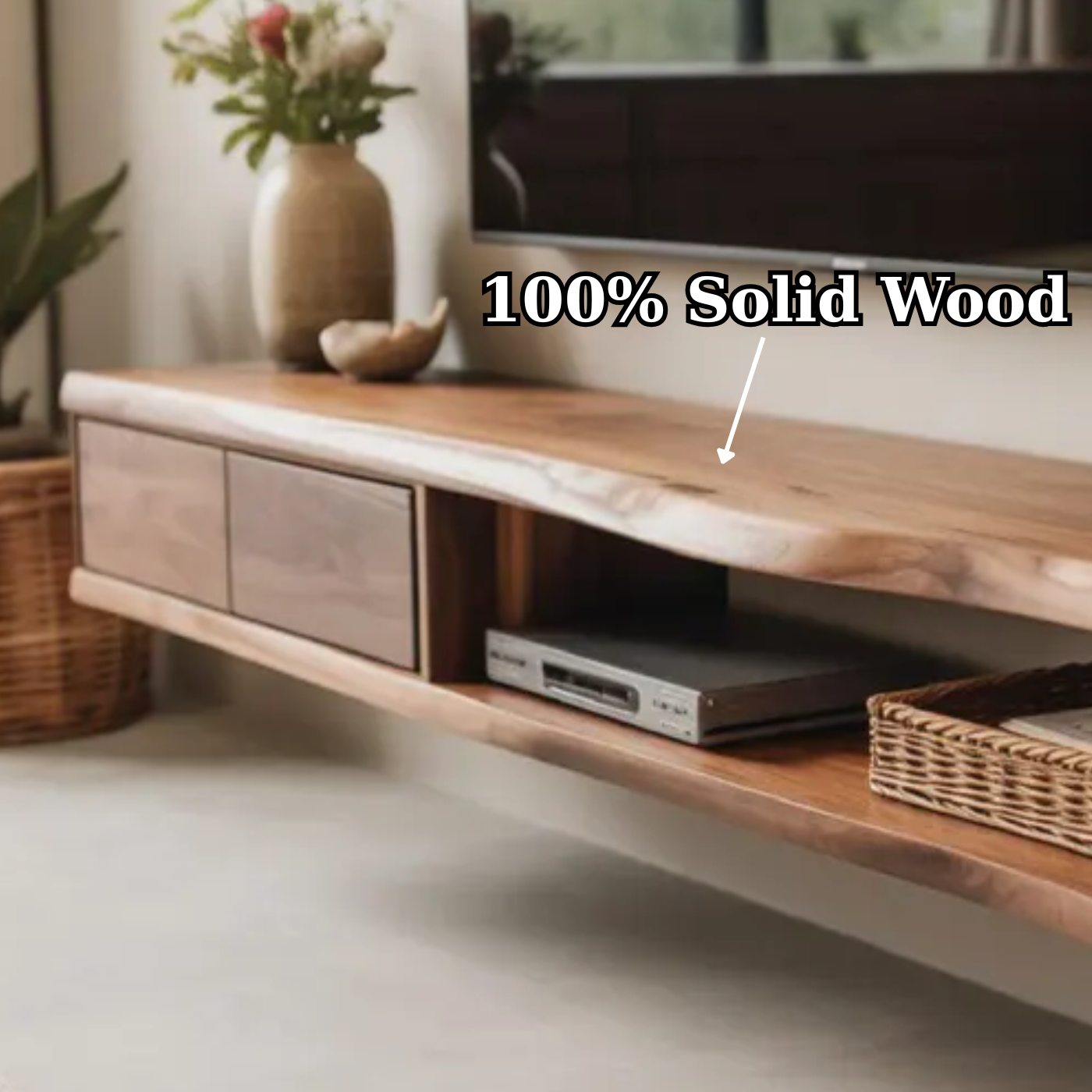 Handcrafted Solid Wood Floating TV Stand, Live Edge Media Console, Wall-Mounted Kitchnce