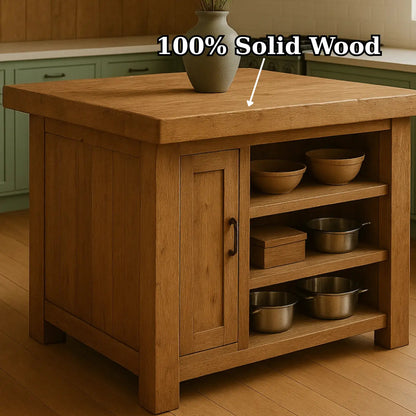 Handcrafted Solid Wood Kitchen Island - Square Shape, Cabinet & Shelves Kitchnce
