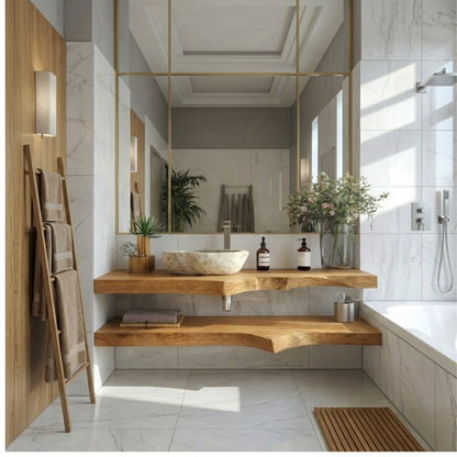 Floating Live Edge Solid Wood Bathroom Vanity with Dual Shelves – Modern Natural Wood Wall Mounted Vanity