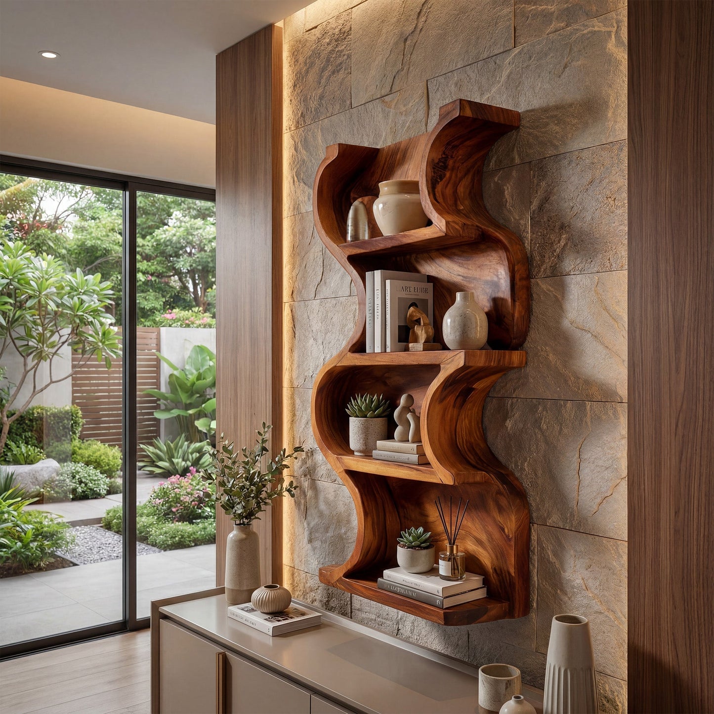 Vertical Wood Wall Shelf With Curved Open Display