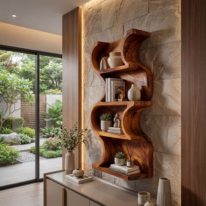 Vertical Wood Wall Shelf With Curved Open Display