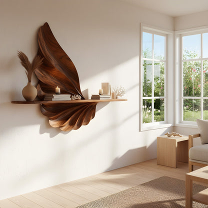 Leaf-Inspired Sculptural Floating Wall Shelf in Natural Wood