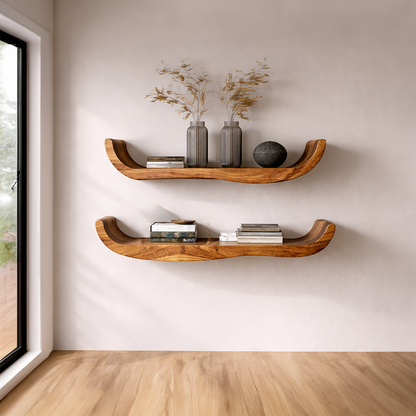 Natural Wood Floating Shelf with Soft Curved Edge Design