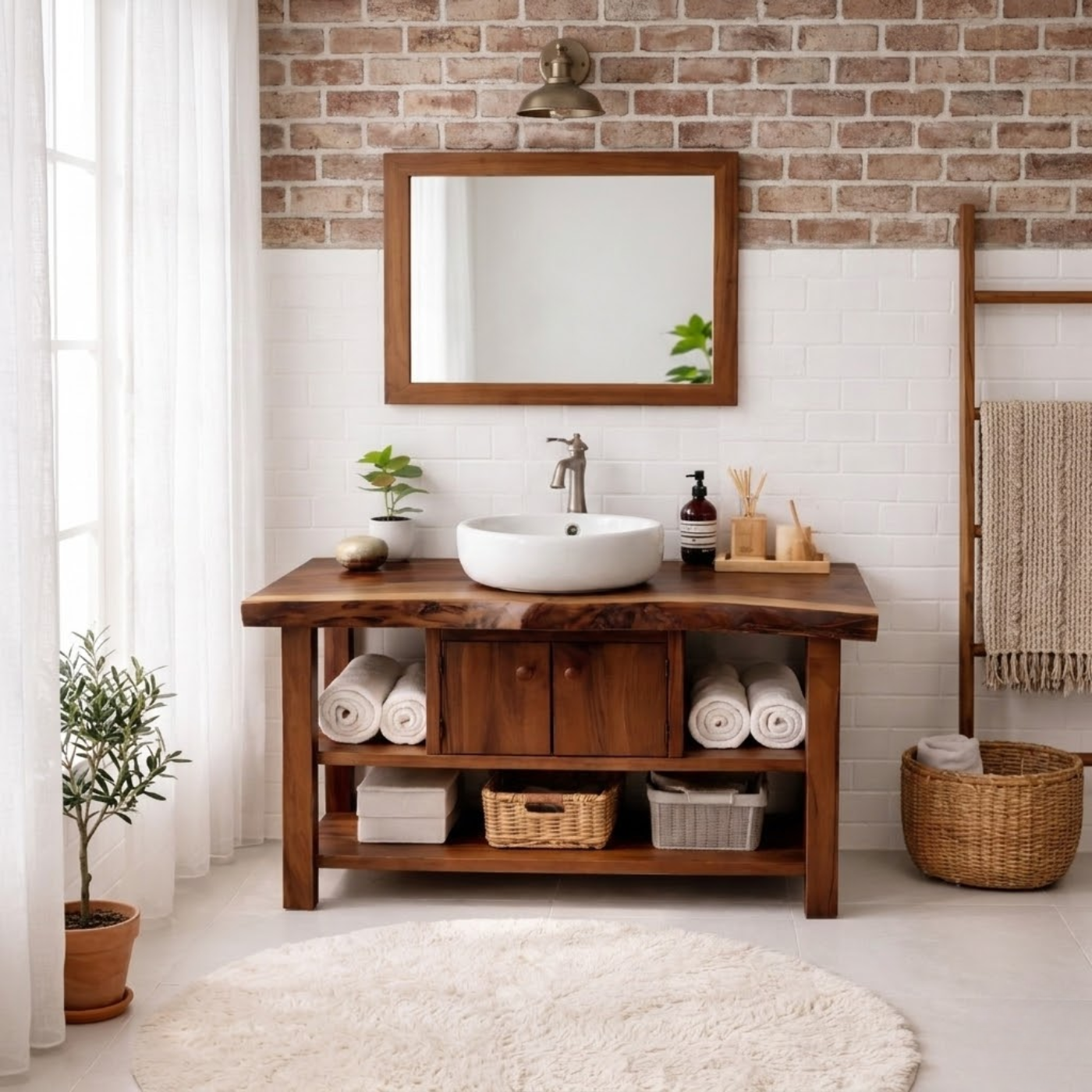 Live Edge Solid Wood Bathroom Vanity with Open Shelves and Storage Cabinet – Rustic Modern Bathroom Vanity Kitchnce
