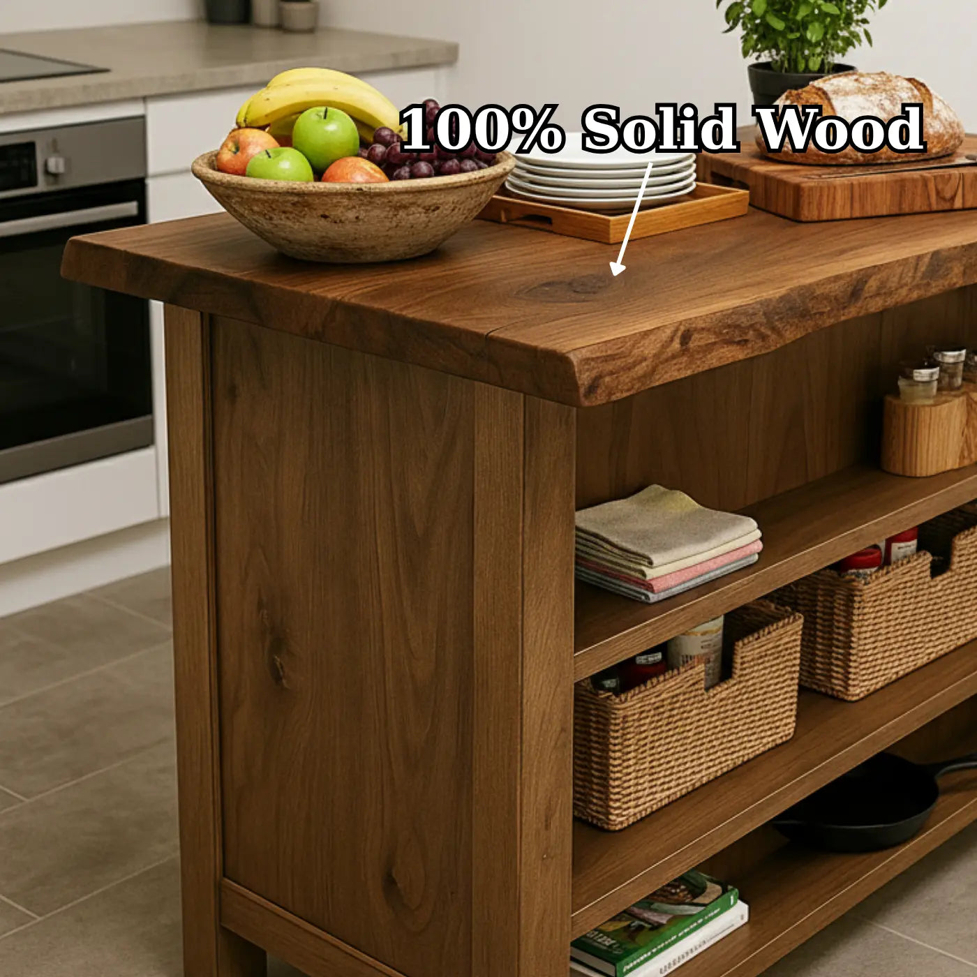 Handcrafted Solid Wood Kitchen Island - Rustic Live Edge & Open Shelves Kitchnce