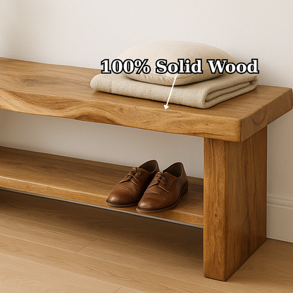 Handcrafted Solid Wood Bench – Live Edge Entryway Seating with Storage Shelf Kitchnce