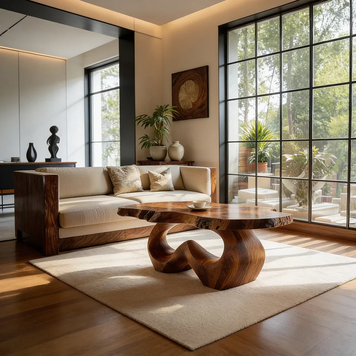 Live Edge Natural Wood Coffee Table with Sculpted Open-Form Base
