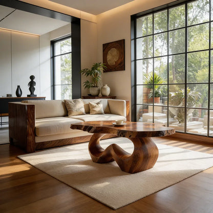 Live Edge Natural Wood Coffee Table with Sculpted Open-Form Base