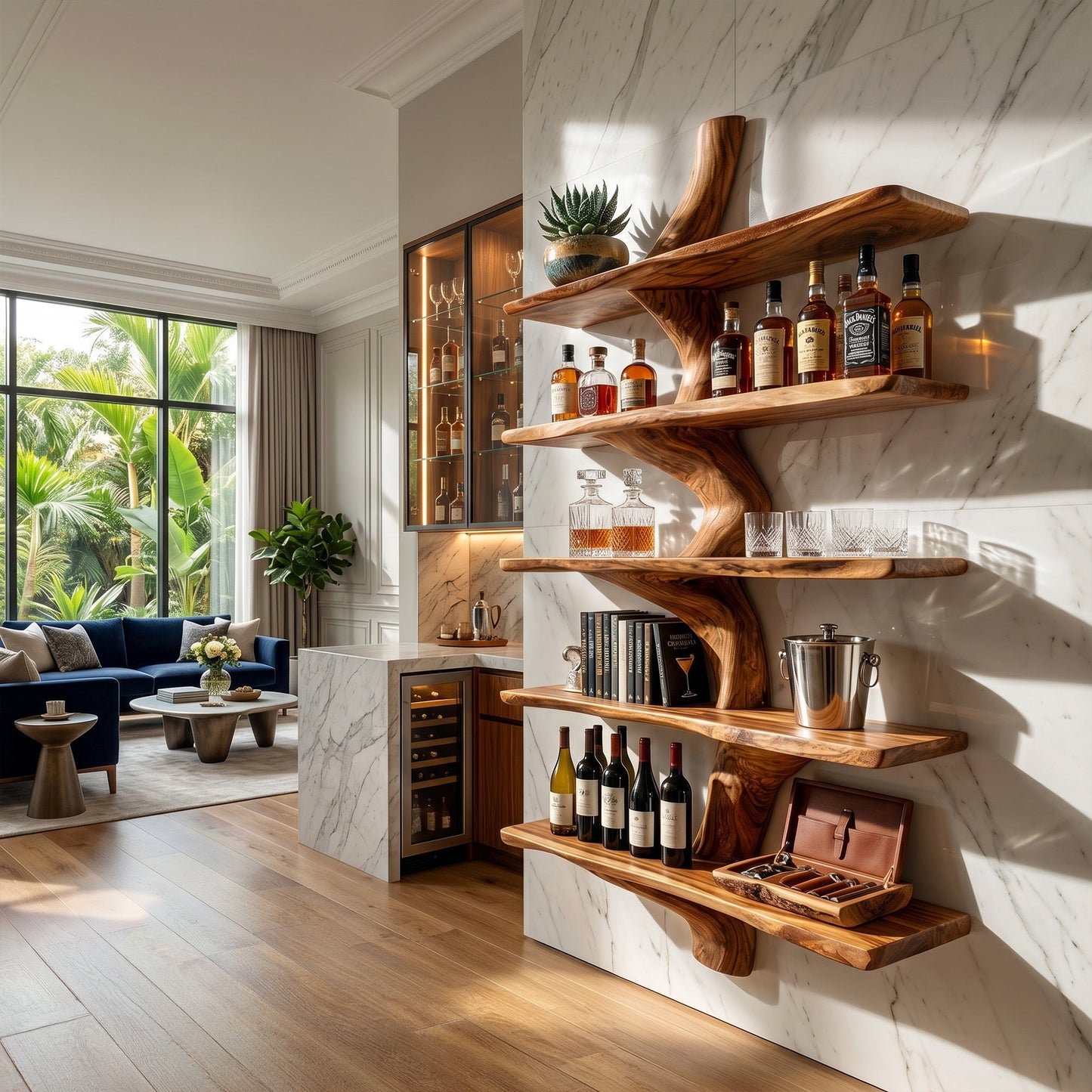 Organic Wood Kitchen Wall Shelf With Layered Display