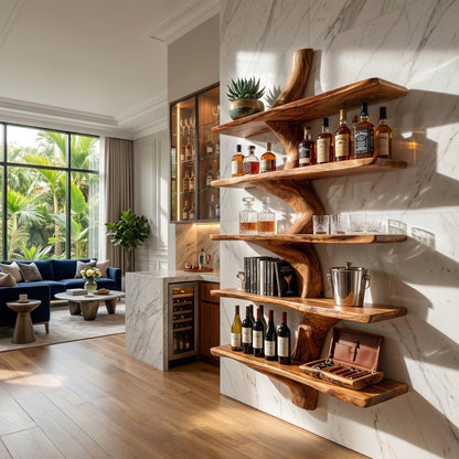 Organic Wood Kitchen Wall Shelf With Layered Display