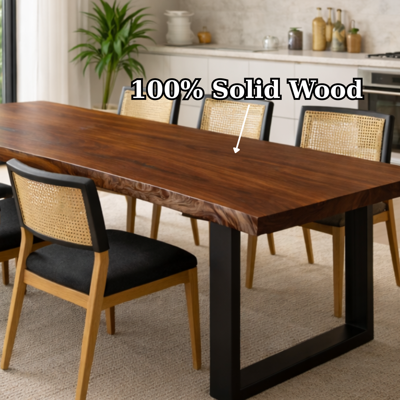 Handcrafted Solid Walnut Dining Table with U-Shaped Steel Base for Minimalist Homes