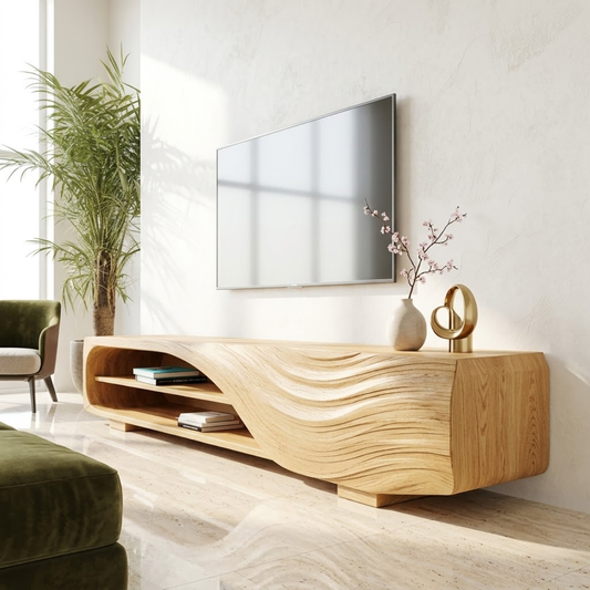 Solid Wood TV Stand with Curved Wave Design, Modern Media Console Cabinet