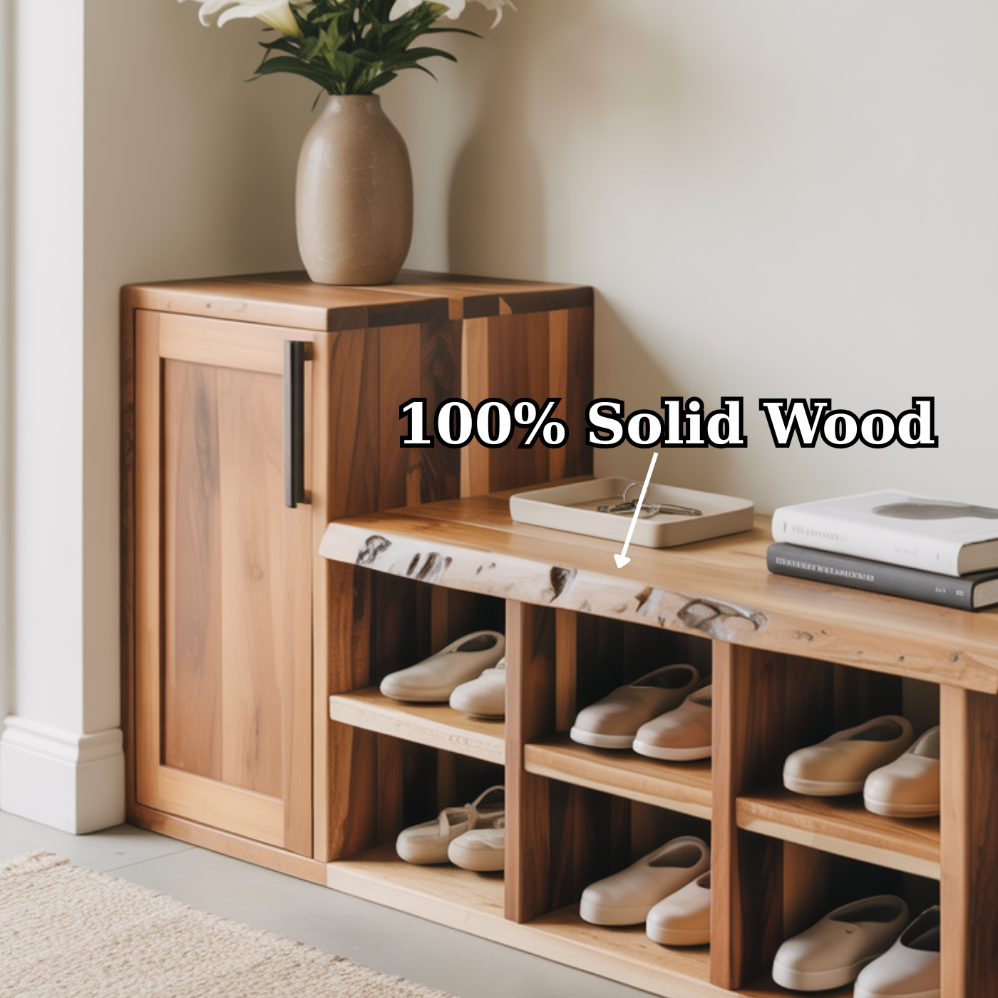 Handcrafted Solid Wood Bench - Live-Edge Entryway Shoe Storage Cabinet Kitchnce