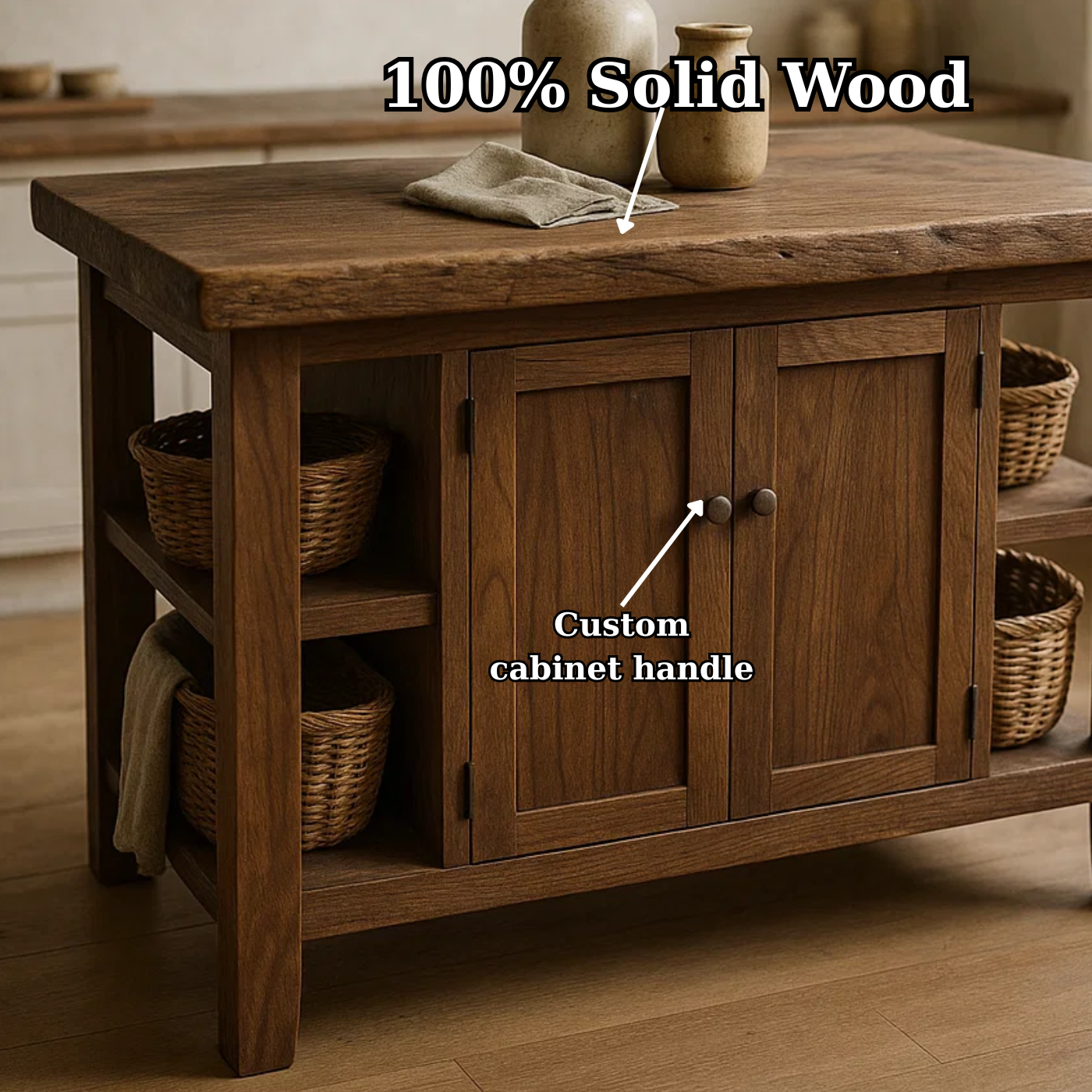 Handcrafted Solid Wood Kitchen Island | Rustic Cabinet Storage & Prep Table Kitchnce