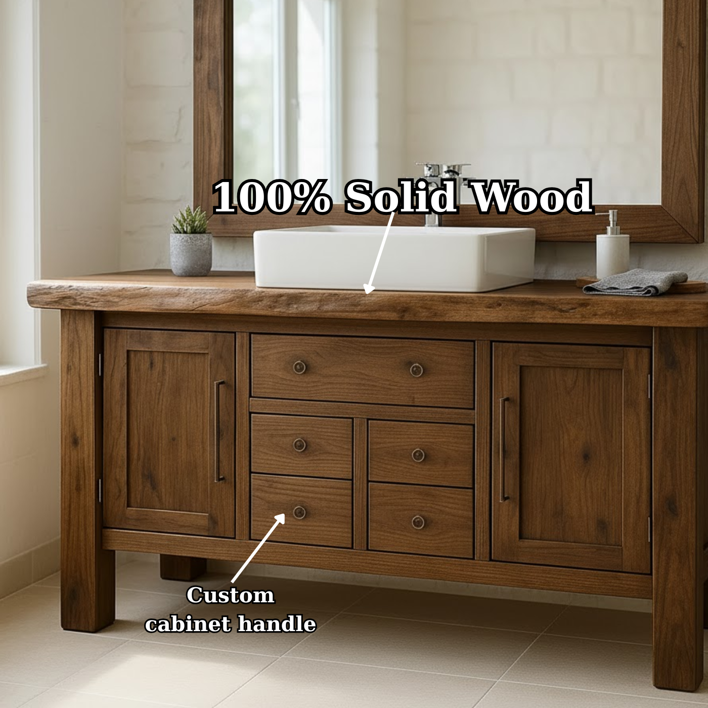 Handcrafted Solid Wood Bathroom Vanity - Live Edge Top, Cabinets, Drawers & Vessel Sink Base Kitchnce