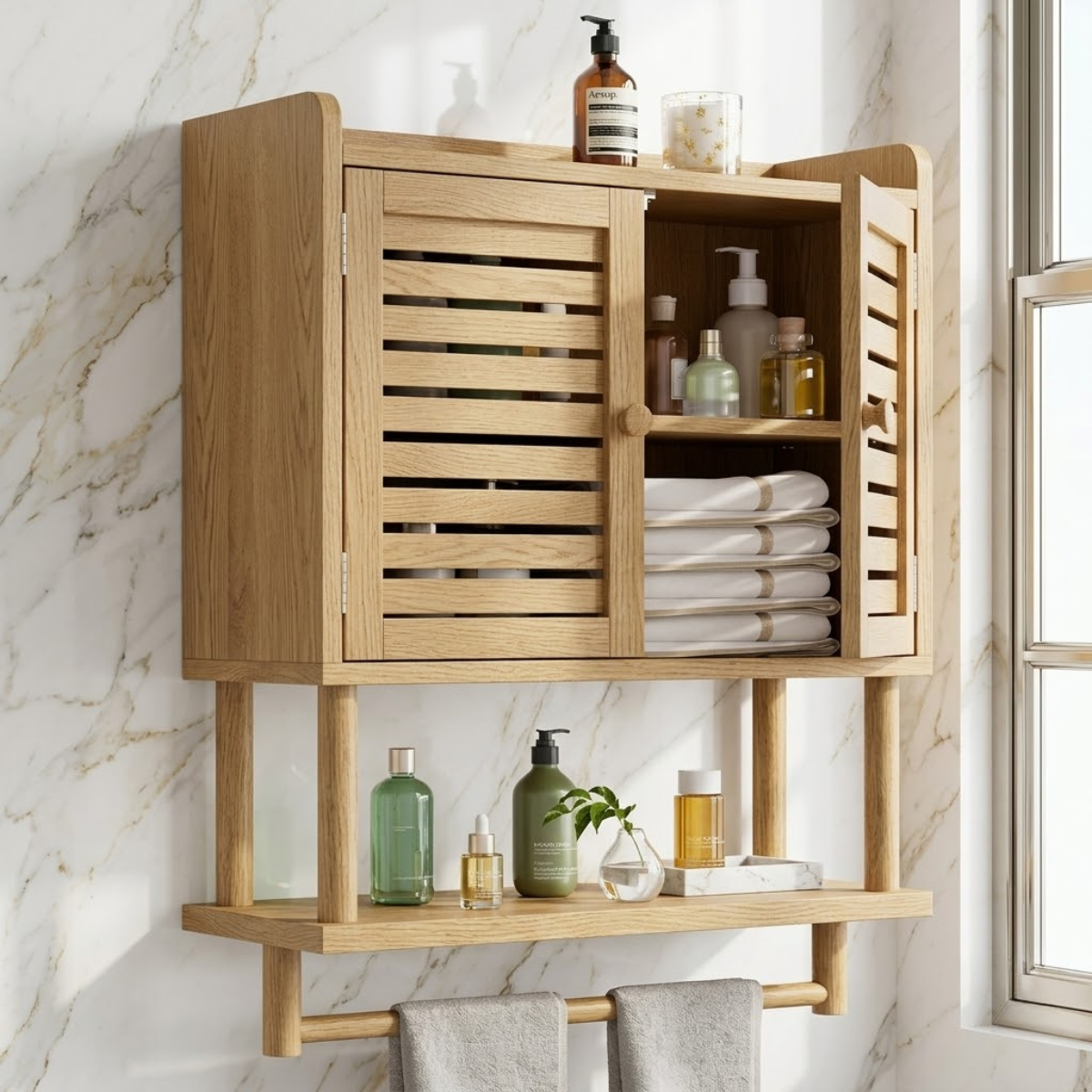 Modern Bathroom Cabinet, Slatted Wall-Mounted Vanity Storage Shelf With Towel Bar