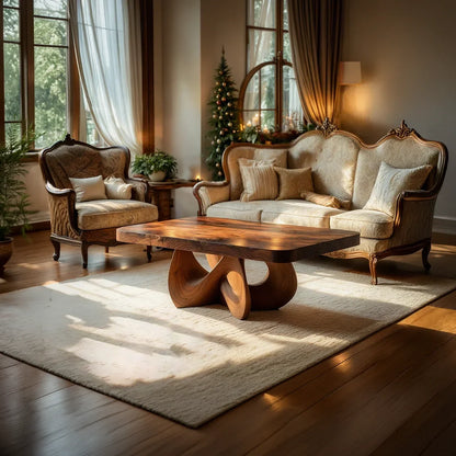 Square Natural Wood Coffee Table with Interwoven Sculptural Base