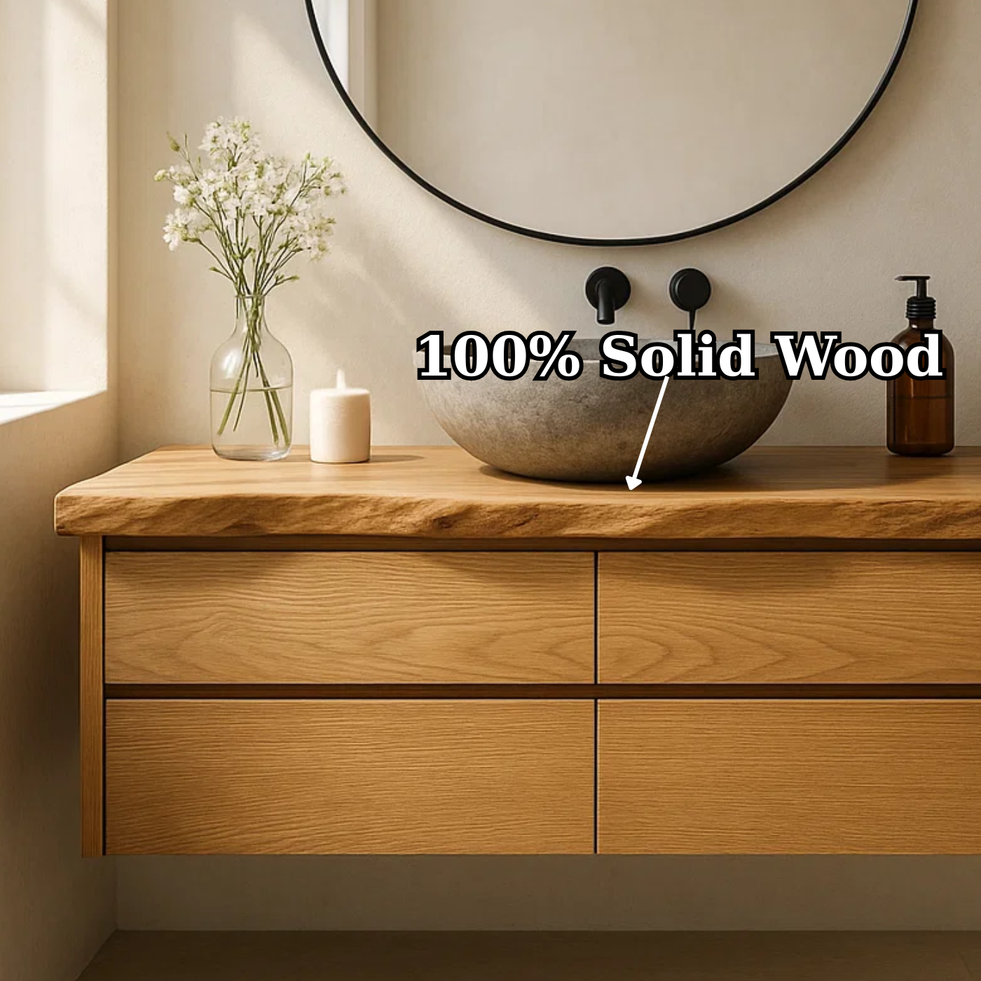 Handcrafted Solid Wood Floating Bathroom Vanity with Live Edge Top - Minimalist Modern Design Kitchnce
