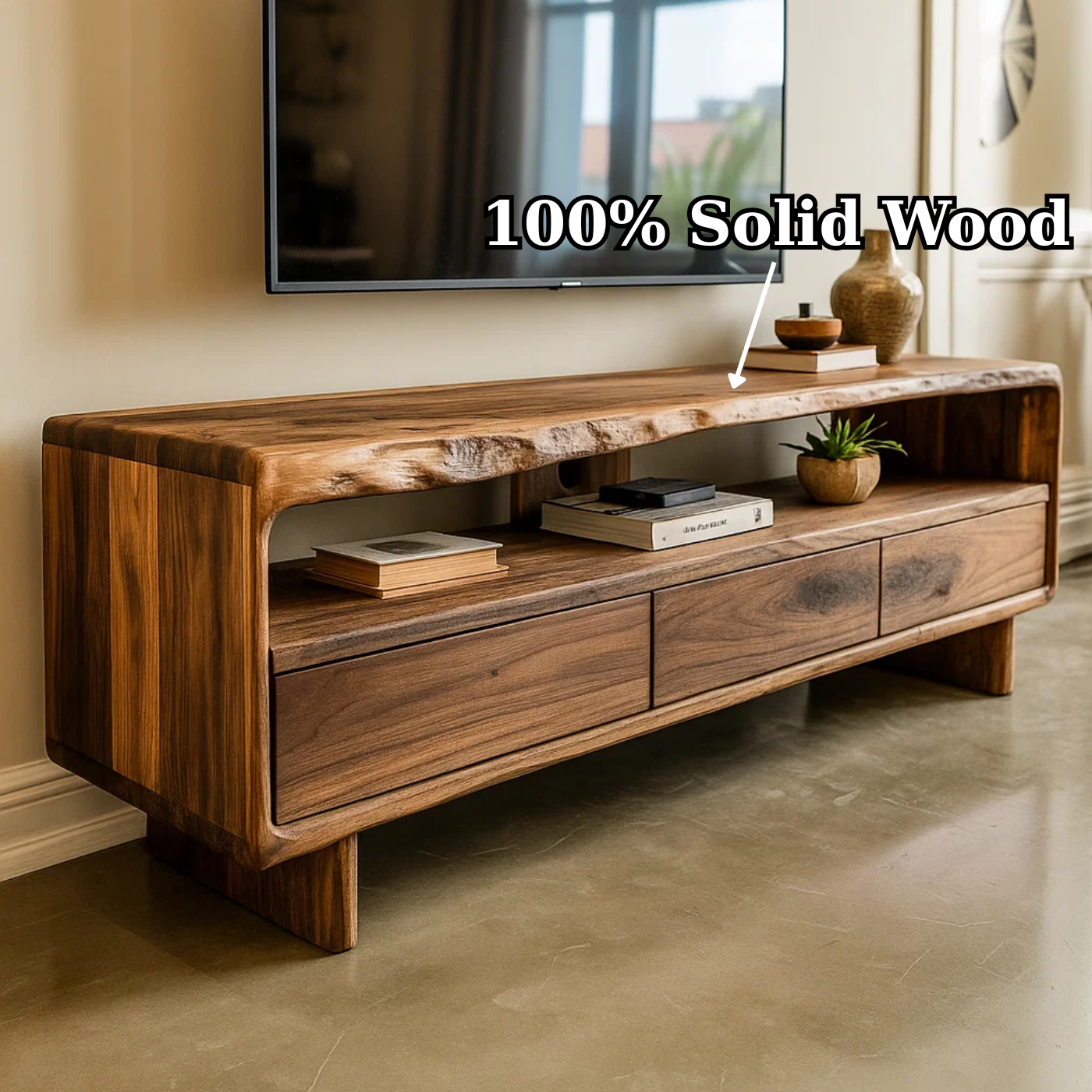 Handcrafted Solid Wood TV Stand with Sculpted Live Edge Walnut Top and Curved Design