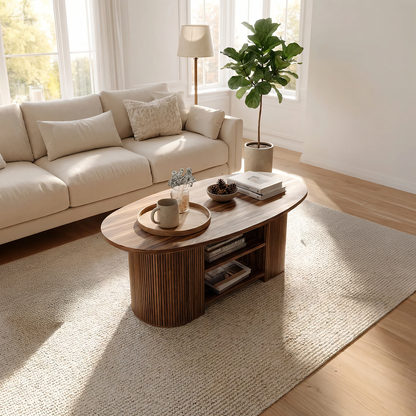Oval Coffee Table with Fluted Base and Dual Shelf Storage