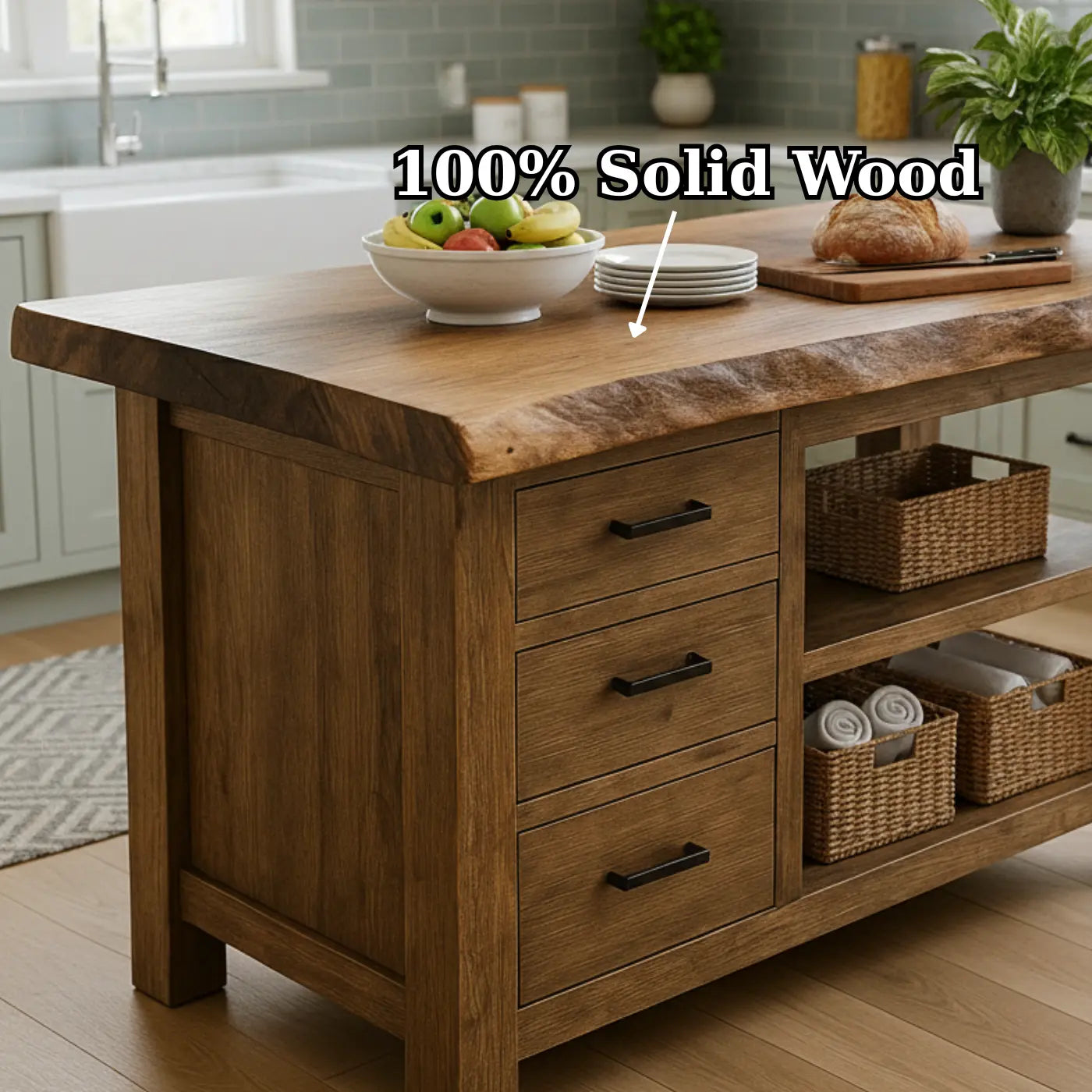 Handcrafted Solid Wood Kitchen Island - Live Edge, Drawers & Open Shelves Kitchnce
