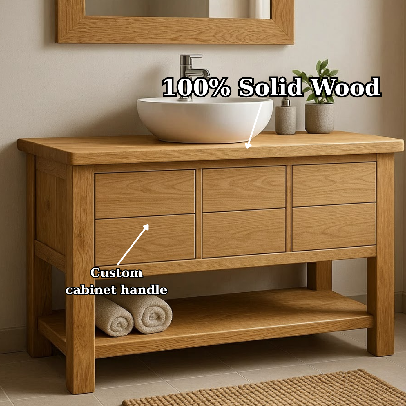 Handcrafted Solid Wood Bathroom Vanity with Oak Finish and Open Shelf Kitchnce