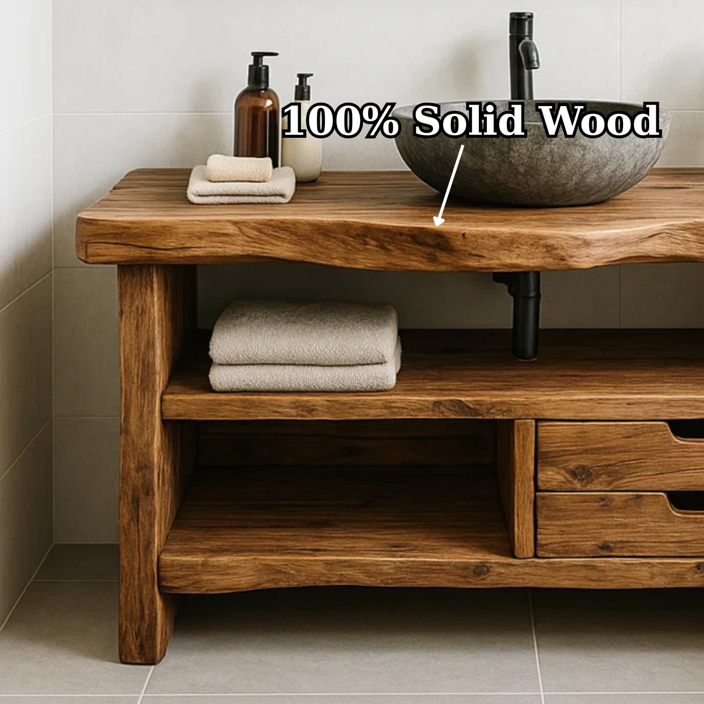 Handcrafted Solid Wood Bathroom Vanity, Rustic Live Edge Console with Storage Kitchnce