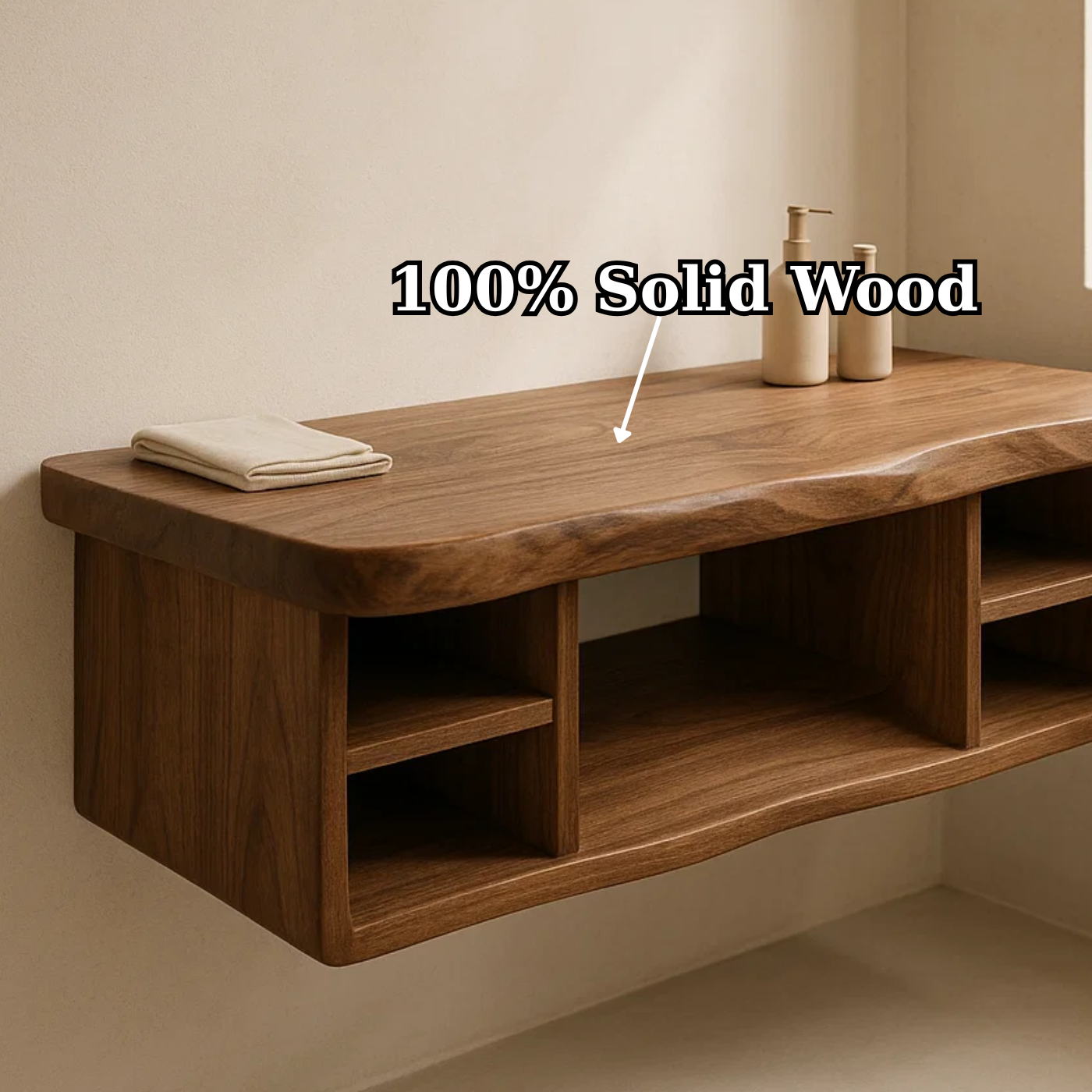 Handcrafted Solid Wood Floating Vanity - All Open Live Edge Console with Display Shelves Kitchnce