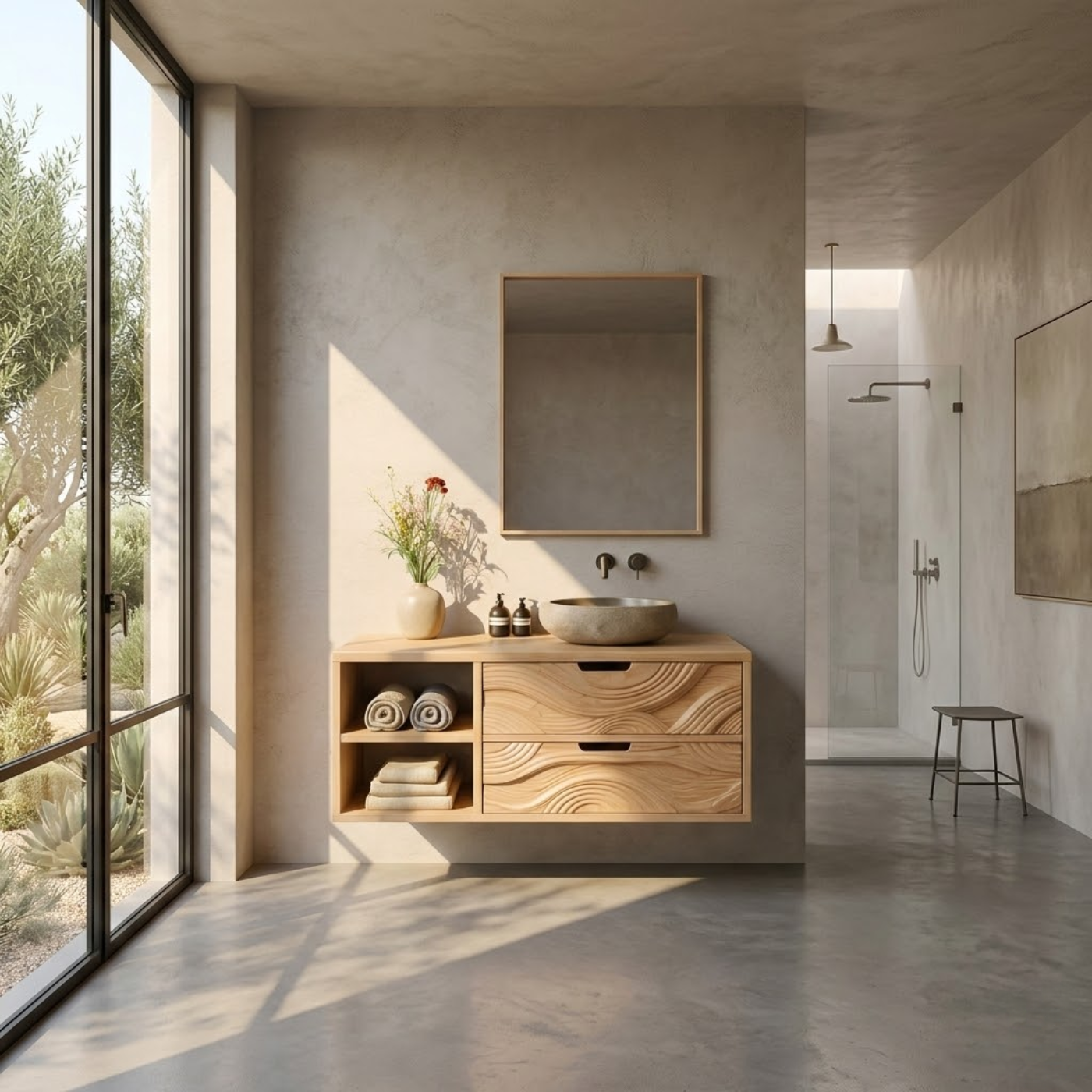 Floating Solid Wood Bathroom Vanity with Sculpted Wave Drawers and Open Shelf – Modern Organic Bathroom Cabinet Kitchnce