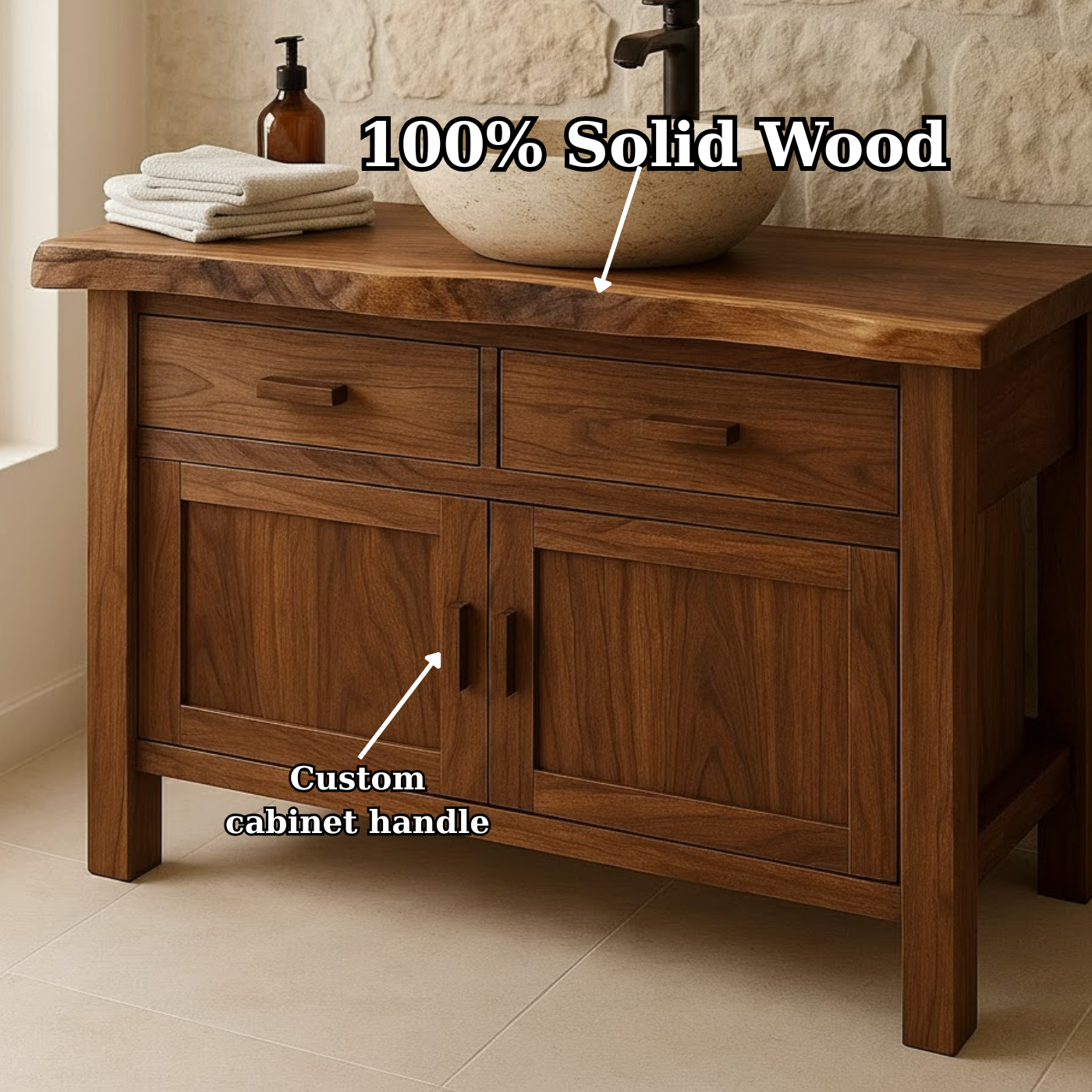Handcrafted Solid Wood Bathroom Vanity - Live Edge Top Cabinet with Drawers & Doors Kitchnce