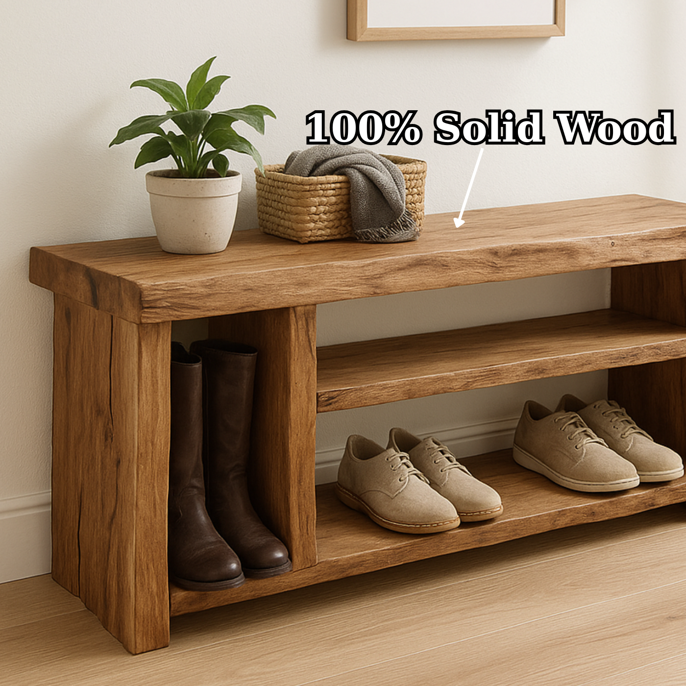Handcrafted Solid Wood Bench – Natural Rustic Seating and Multi-Tier Storage Kitchnce