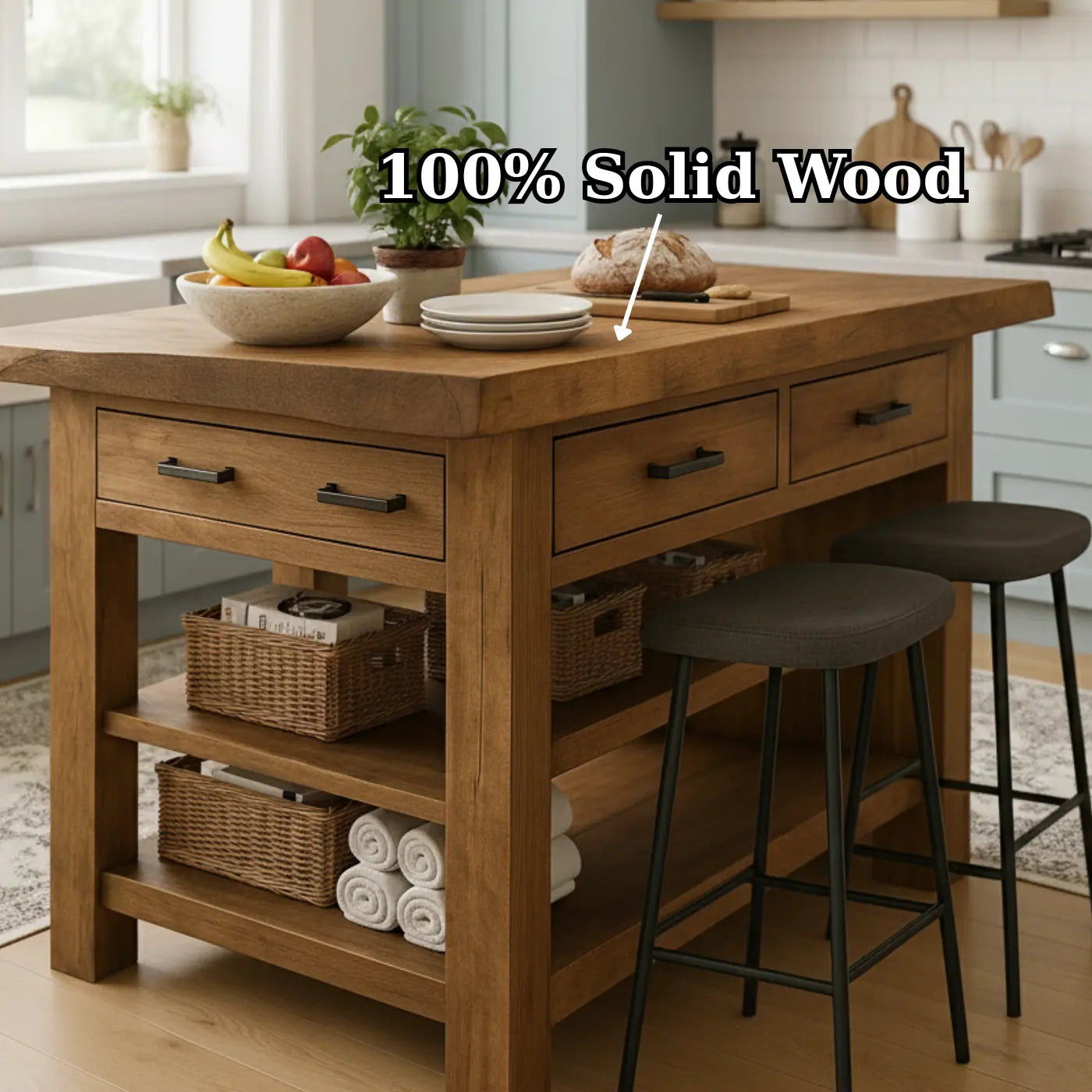 Handcrafted Solid Wood Kitchen Island - Rustic Top, Drawers & Open Shelving Kitchnce