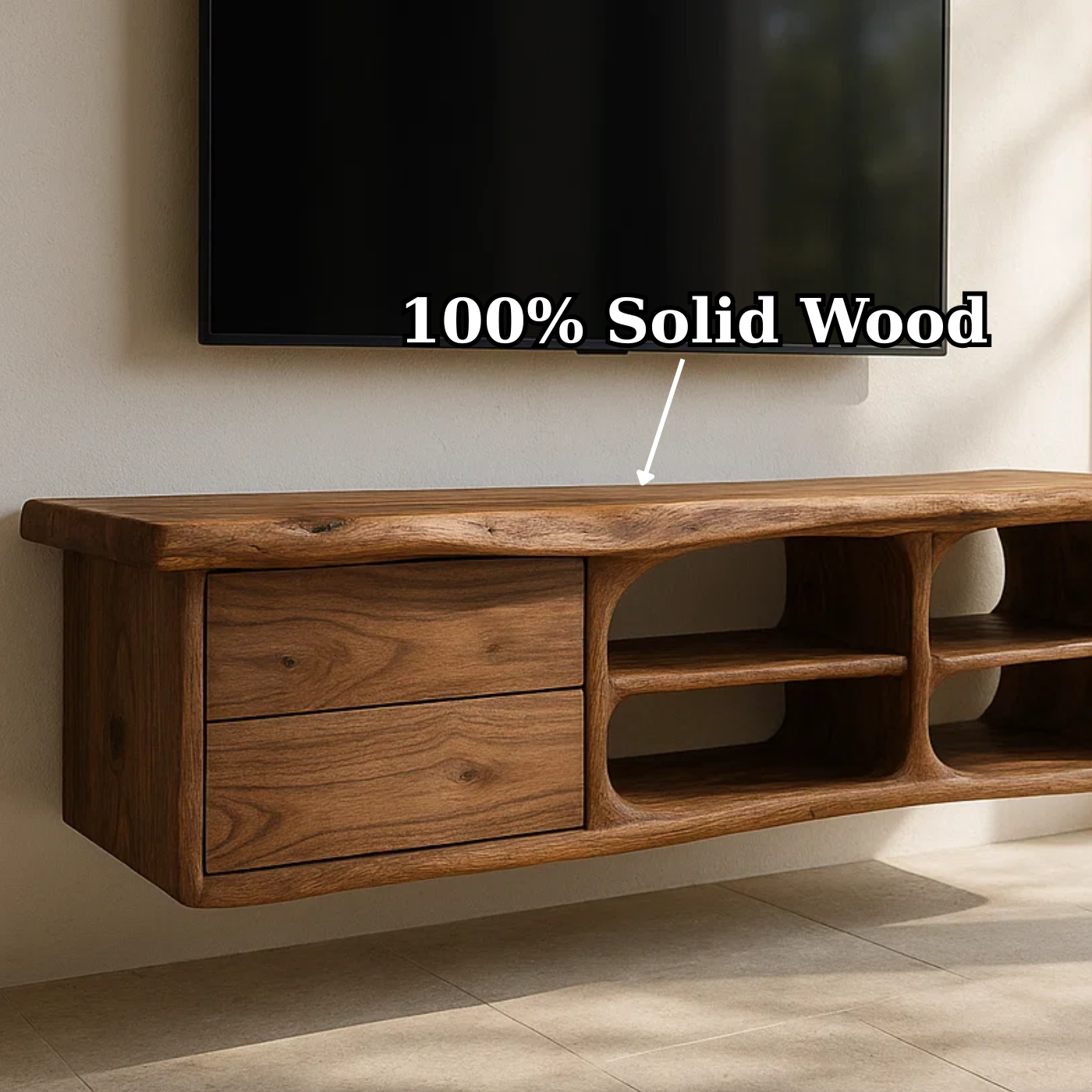 Handcrafted Solid Wood Floating TV Stand with Live Edge - Rustic Modern Media Console Kitchnce