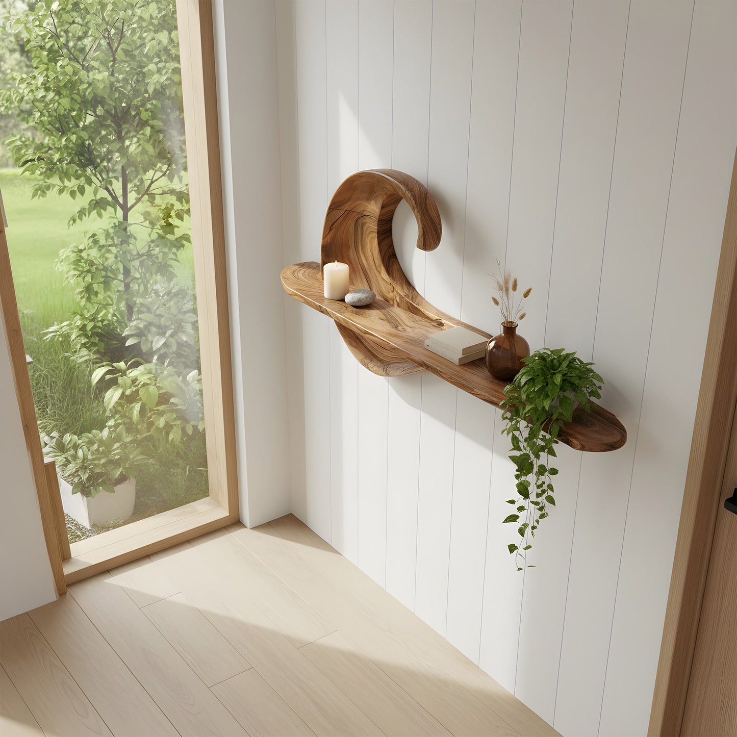 Wave Sculptural Floating Wall Shelf in Natural Wood
