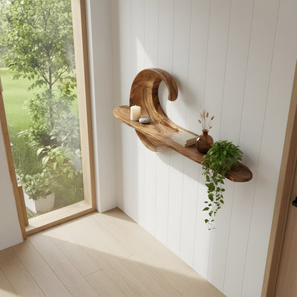 Wave Sculptural Floating Wall Shelf in Natural Wood