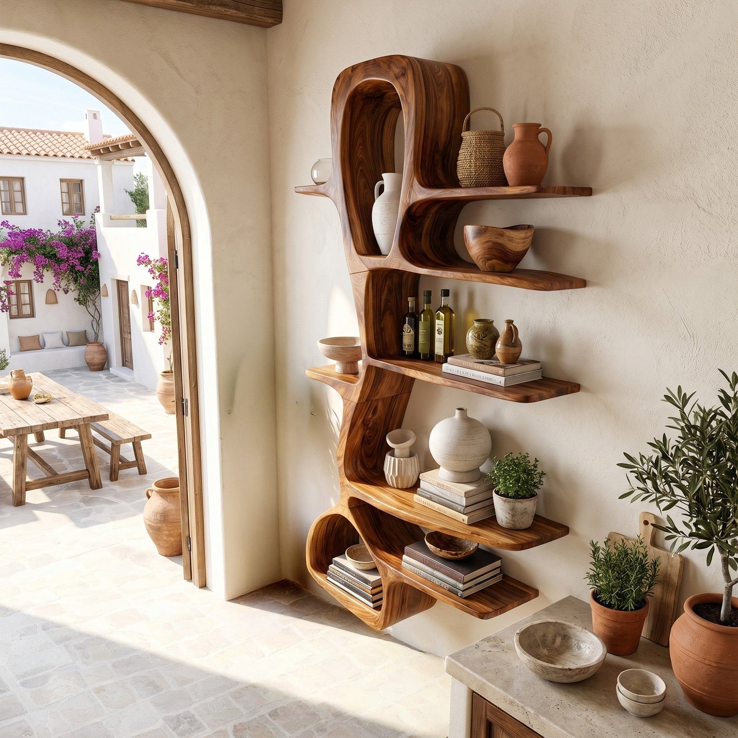 Sculptural Wood Wall Shelf With Vertical Open Display