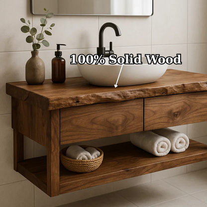 Handcrafted Solid Wood Floating Bathroom Vanity with Live Edge Top - Modern Rustic Washstand Kitchnce